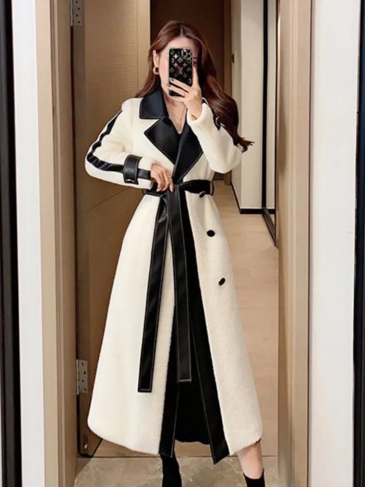 Autumn Winter Elegant Woolen Coat Women Contrast Color Patchwork Long Jackets with Belt Lapel Korean Fashion Female Outerwear