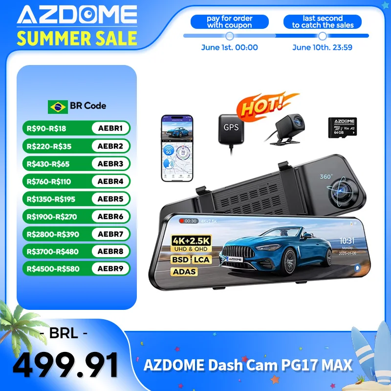 Câmera Veicular Frontal e Traseira AZDOME PG17 MAX com Tela Touch de 12 Polegadas, DVR 4K+2.5K, Câmera de Retrovisor, GPS, WIFI, Controle por Voz, ADAS