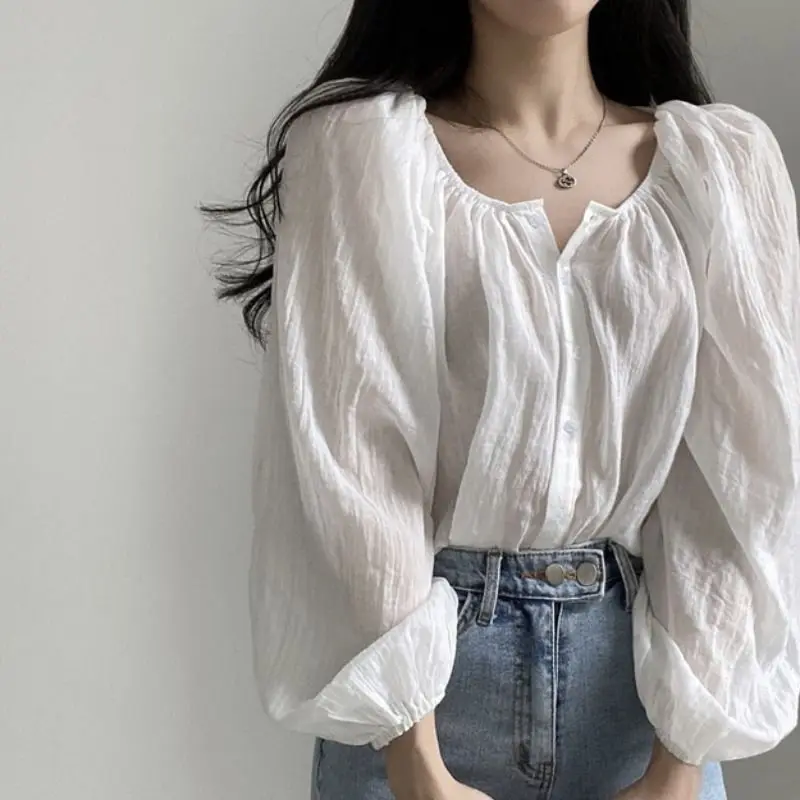 Baggy Solid Shirts Women Summer Sunscreen Lantern Sleeve Vintage Graceful Soft New Arrival Sweet Tops Chic Korean Style Elegant