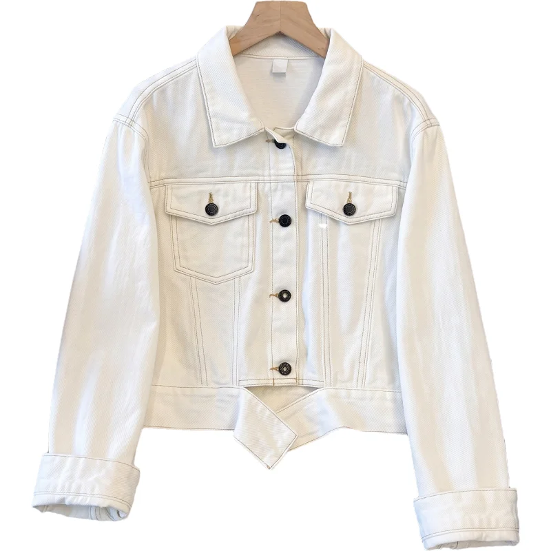 White Short Denim Jacket Women Spring Autumn 2026 New Korean Lapel Single-Breasted Long Sleeve Jeans Jacket Coat Chaqueta Mujer