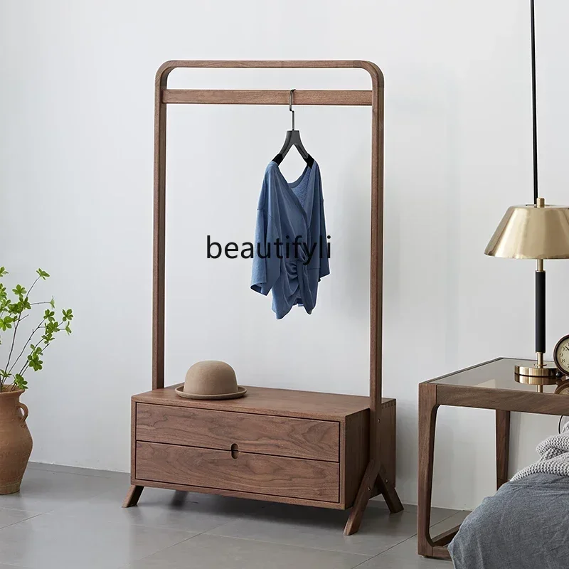 

zq1Nordic all-solid wood coat rack North American black walnut floor hanger storage multi-functional shoe changing stool