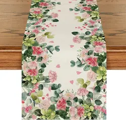 Spring Leaves Pink Flowers Linen Table Runner Holiday Party Decor Farmhouse Kitchen Dining Table Runner Mother's Day Decorations