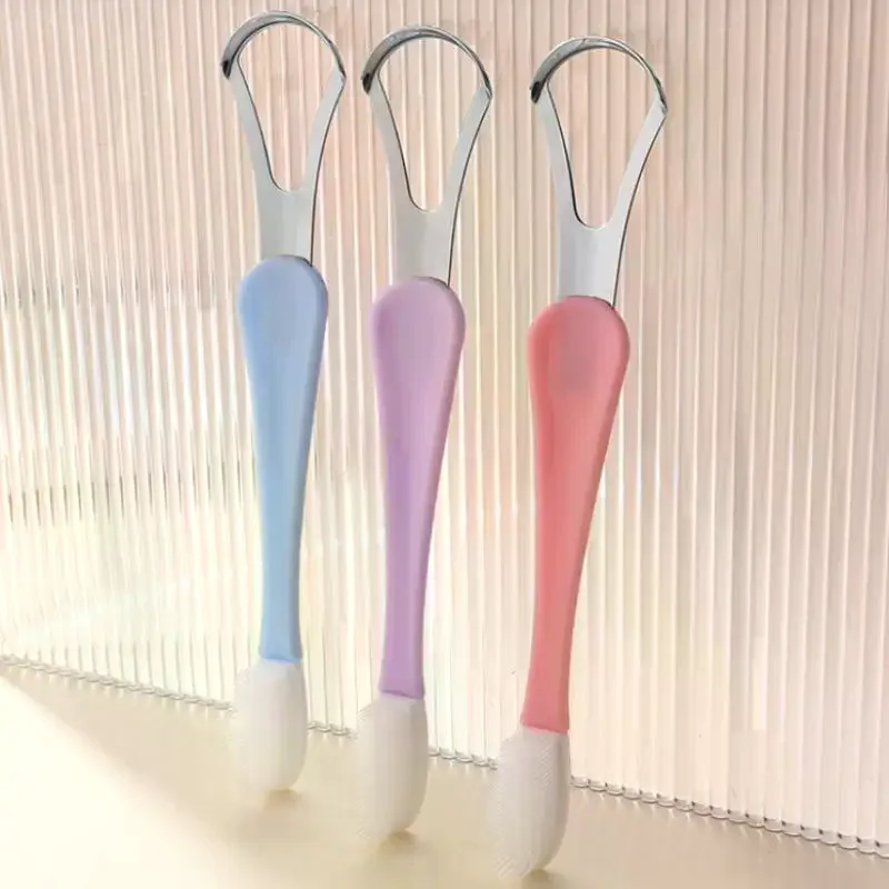 2 In 1 Tongue Scraper Cleaner For Adult Kid,Silicone Tongue Brush And Stainless Steel Tongue Scrapers For Fresh Breath Dental