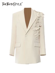 TWOTWINSTYLE-Chaqueta elegante para mujer, abrigo holgado de manga larga con cuello con muescas, apliques de retazos sólidos, novedad