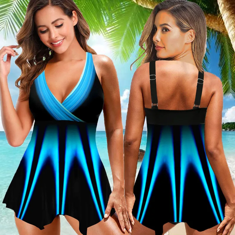 2022 New Plus Size 5xl Two Piece Bikini Swimsuit Sexy Deep V Print Vintage Tankini Big Swimwear Beachwear Bathing Suit