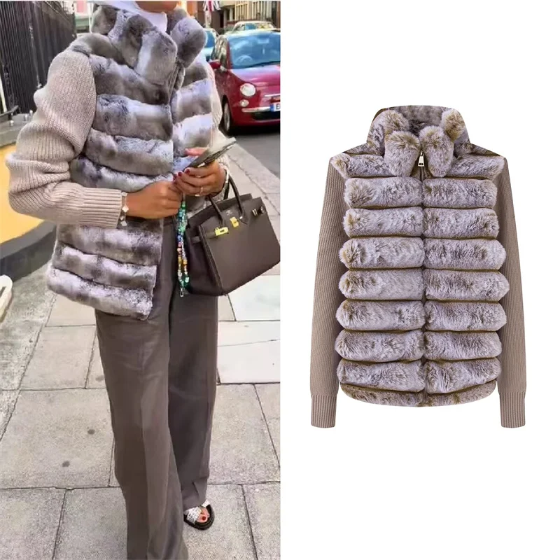 Guobioziy Women's Jacket 2026 Fall/Winter Stylish Loose Long-Sleeve Stand Collar Patchwork Color-Block Thick Faux Fur Coat