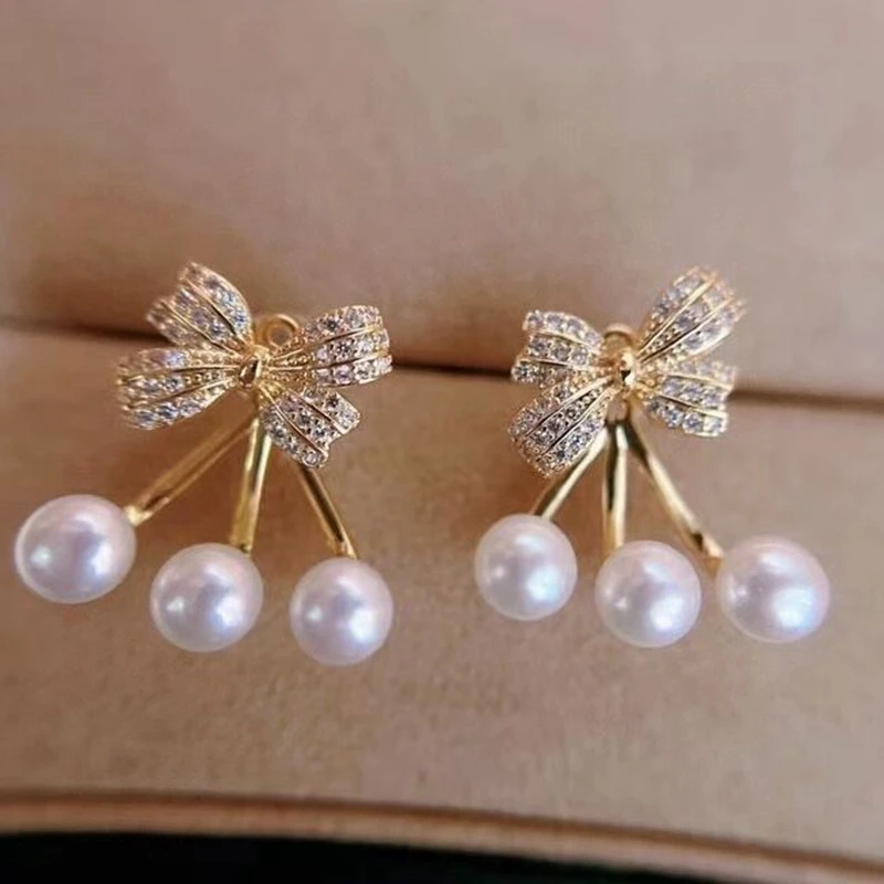 Butterfly Tie with Diamond Earrings Natural Freshwater Pearl Women's High-end Feeling 14K Gold Filled Two Wearing Jewelry Gift