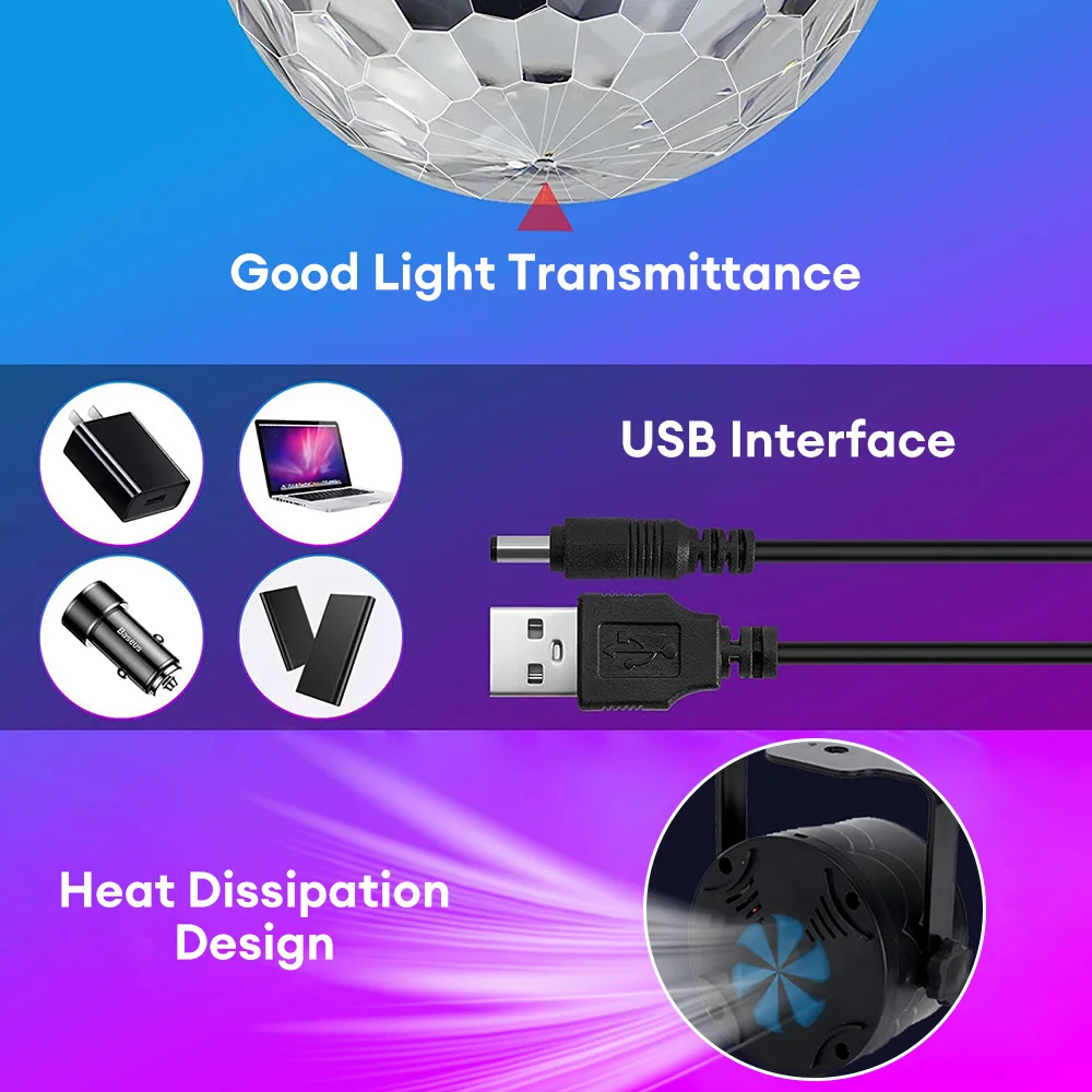 USB RGB Stage Light  7 Lighting Modes Music Control Disco Strobe Light Mini Magic Ball Atmosphere Lamp Light Decor for Family