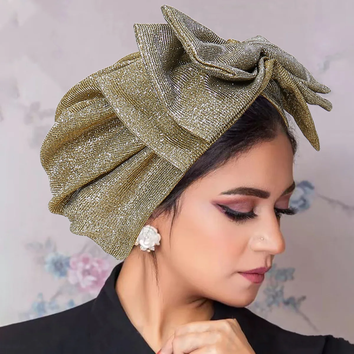 Women's Hijab Hat Glitter Large Bow Head Scarf Muslim Wedding Turban Scarves French Retro Flower Head Cap Fashion Ladies Bandana