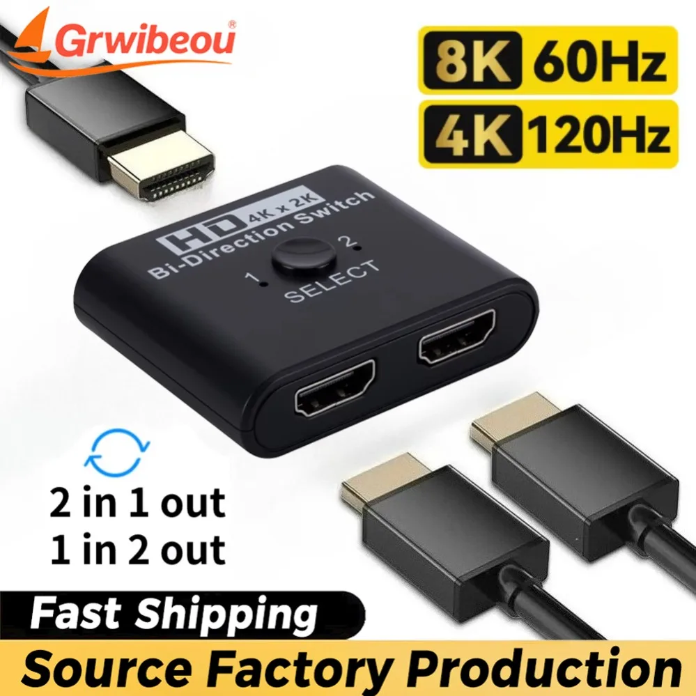 

1x2/2x1 HDMI-compatible Switcher Splitter 8K 60Hz Bi-Direction Splitter 2 in1 Out for PS3/4 TV Box Projector Switcher Adapter