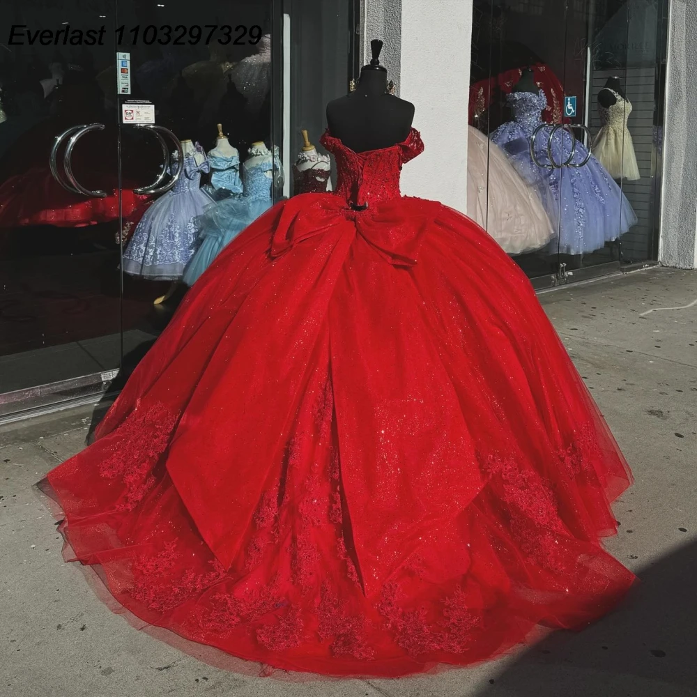 EVLAST-Vestido Quinceanera Vermelho, Vestido de Baile, Lace Applique Brilhante, Cristal Frisado, Espartilho México, Sweet 16, QD1062, 2025