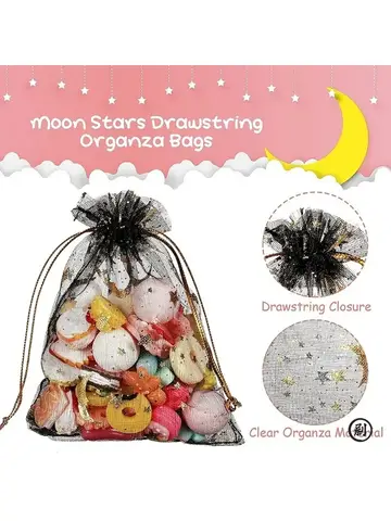 50PCS Gold Star Moon Organza Bags Drawstring Pouches for Christmas Wedding Jewelry Gifts Favors