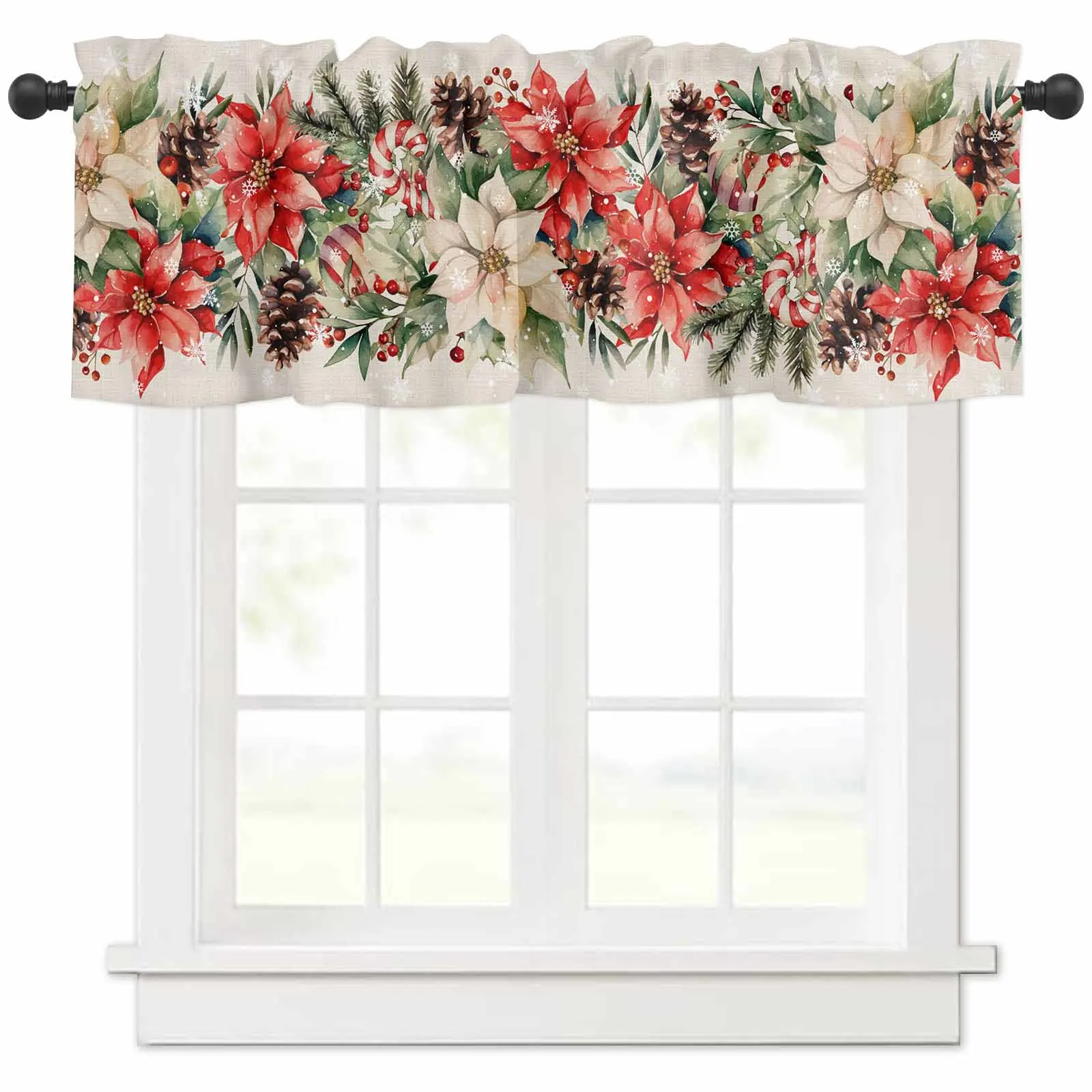 Christmas Poinsettia Berries Cedar Leaves Pine Cones Short Curtains Kitchen Cafe Wine Cabinet Door Window Curtains Home Decor