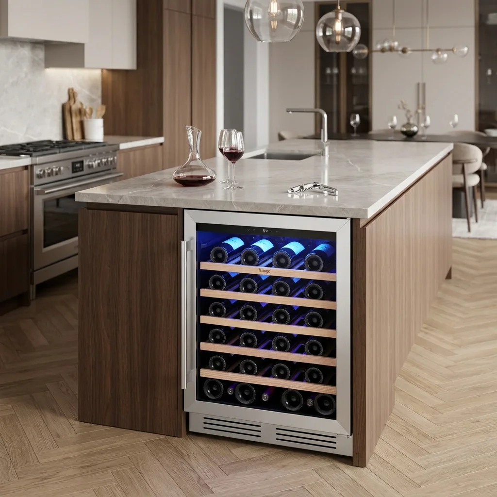 52 Bottle Wine Cooler 5.12 Cu.ft Compressor Cooling Single Zone Mini Fridge with Blue Light Door Lock And Automatic Defrosting