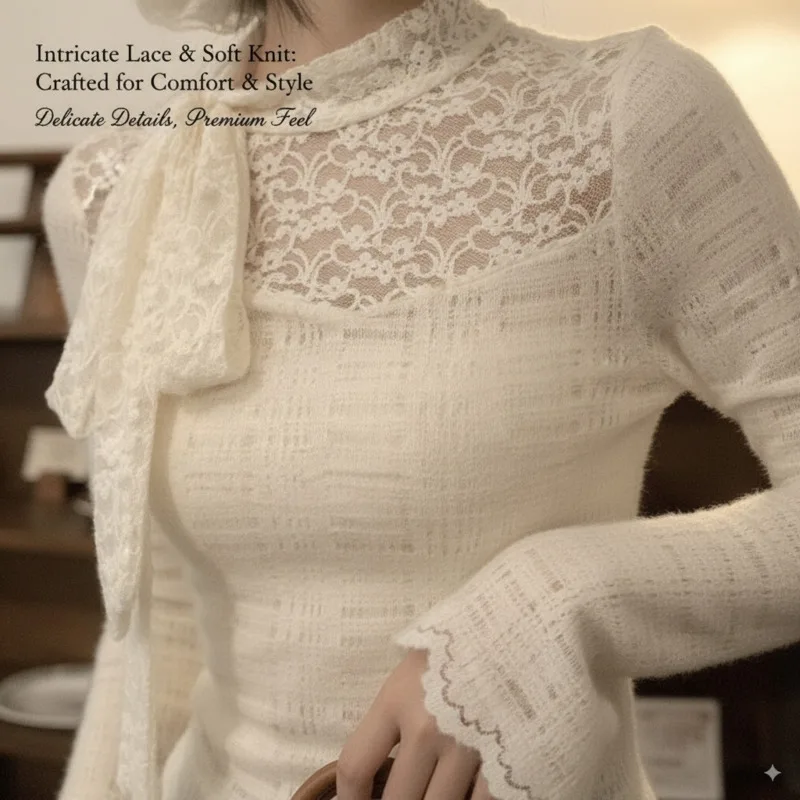 

French Hollowed Out Polo Top Women Spring Autumn Y2K Lace Crochet Top Women Pure Desire Thin Thick Bottom Commute Shirt Top New