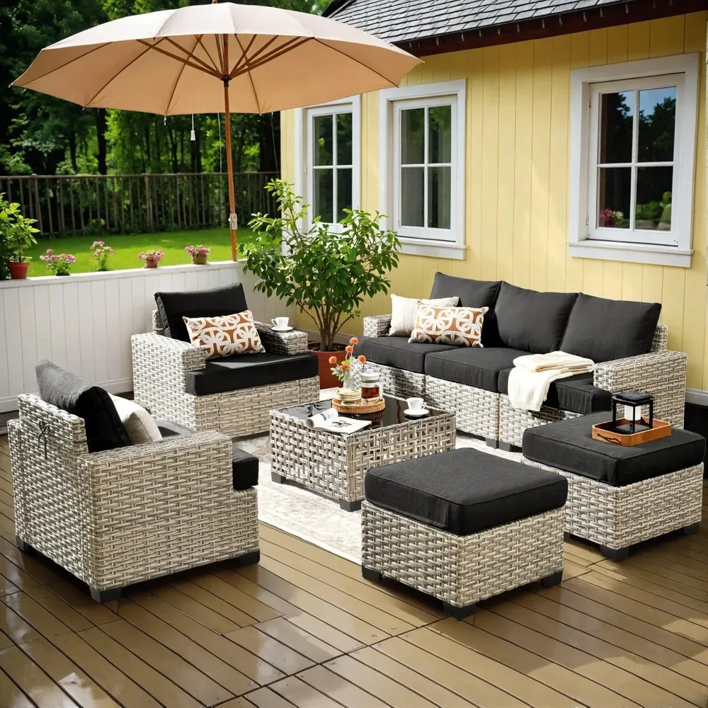 

Outdoor Furniture Sets 8 Pieces Sectional Rattan Sofa Manual Weaving Wicker Patio Conversation Set Solar Powered Coffee Table