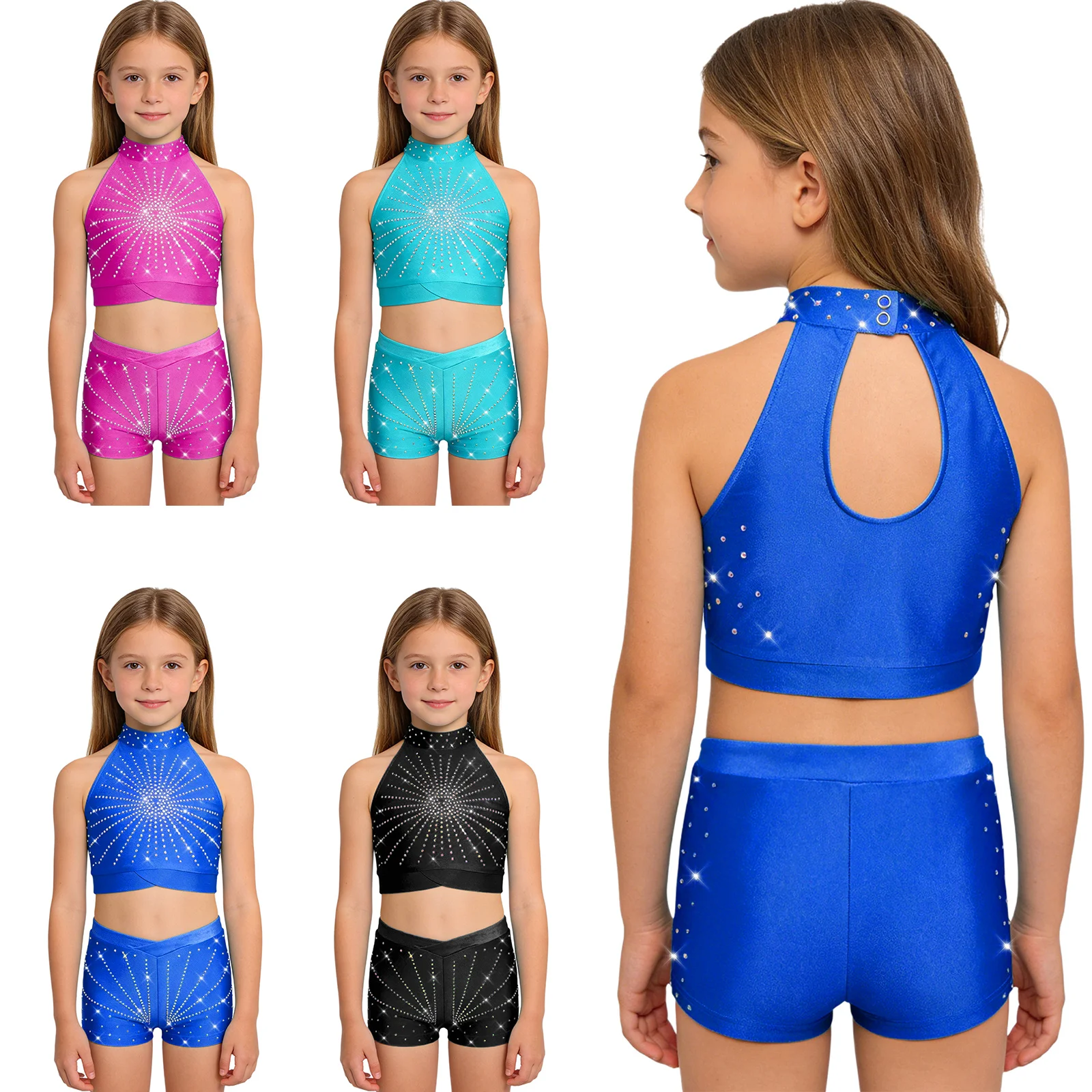 

Kids Girls Rhythmic Gymnastics Outfit Child Figure Skating Ballet Dance Performance Sets Sleeveless Rhinestone Crop Top+Shorts