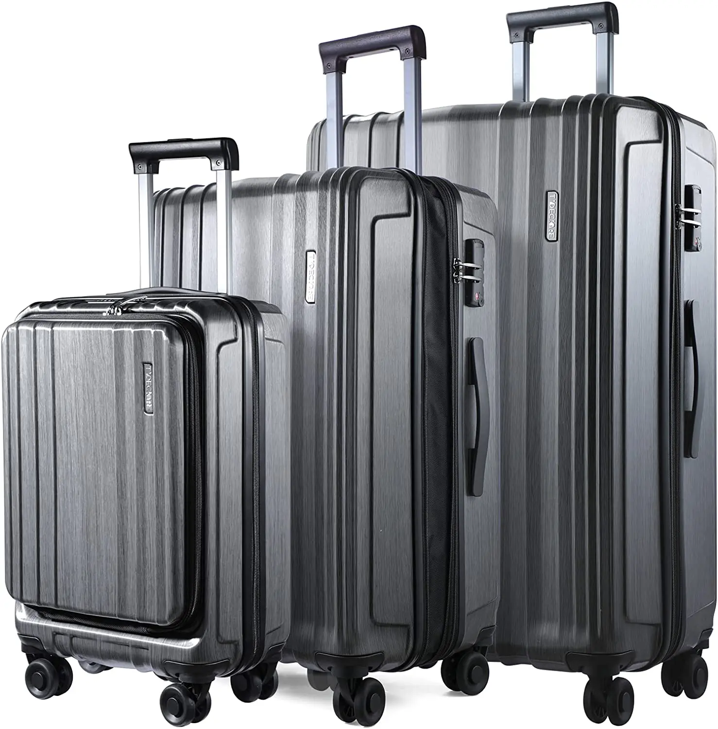 Ensemble de bagages avec poche avant pour ordinateur portable, roues silencieuses, spinner rigide léger, extensible, ABS et PC, serrure TSA, gris, 19 po, 24/28 po, 3 pièces