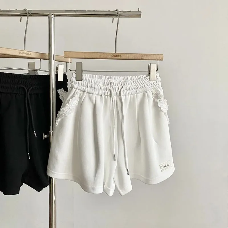 

Women's Sweet White Lace Trim Sweat Shorts High Waist Drawstring Pocket Detail Casual A Line Shorts for Summer