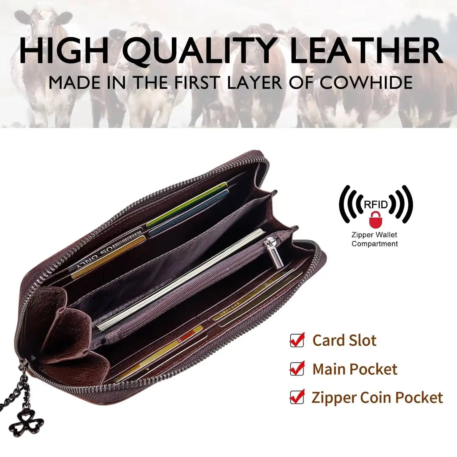 NEW Women's RFID Blocking Wallet - Genuine Cowhide Leather Vintage Long Clutch with Handcrafted Embossing, Wristlet & Card Slots