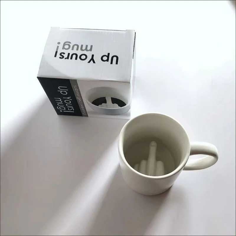 Personalized White Ceramic Mug Funny Middle Finger Handle Coffee Milk Tea Cup Unique Party April Fool's Day Gift Item
