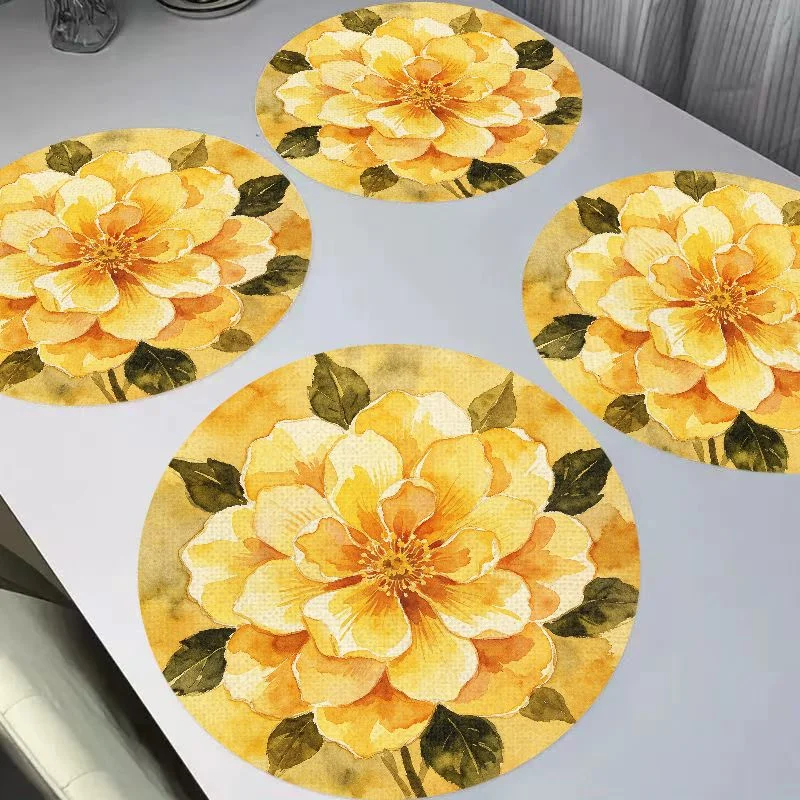 VIKAMA American Retro Mandala Wrapped Flowers Round Linen Placemats, Heat Resistant for Dining Table Home Decor