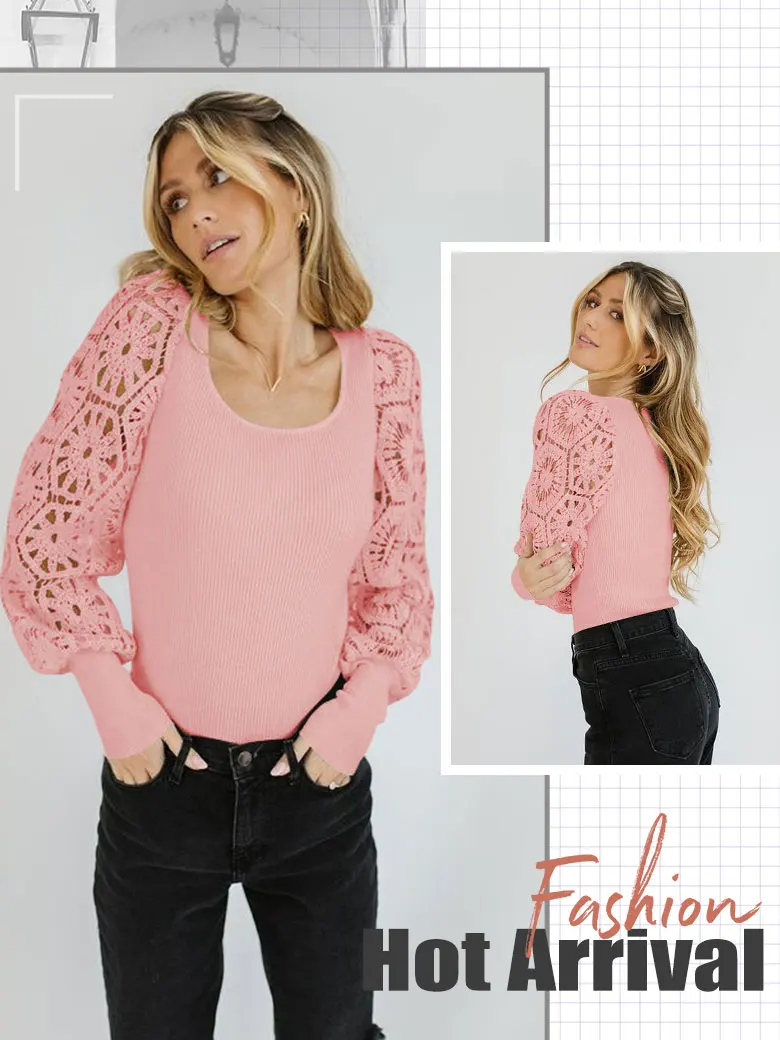 Women'S  Long-Sleeved Lace Splicing Elegant Fashion Knit Pullover Bottoming Shirt 2024 Fall And Winter Trend T-Shirt Tops