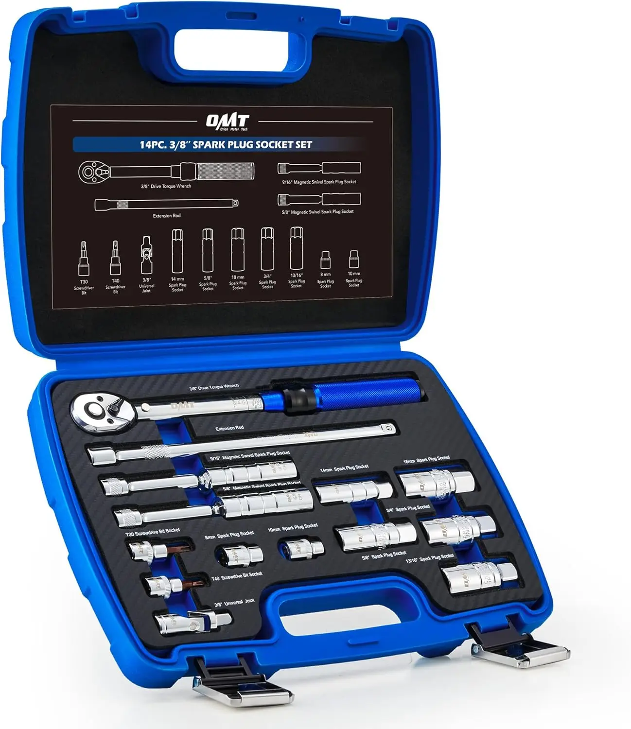 

Набор из 14 предметов: торцевые ключи для свечей зажигания с магнитным шарниром, динамометрический ключ и удлинитель для легкого снятия в труднодоступных местах