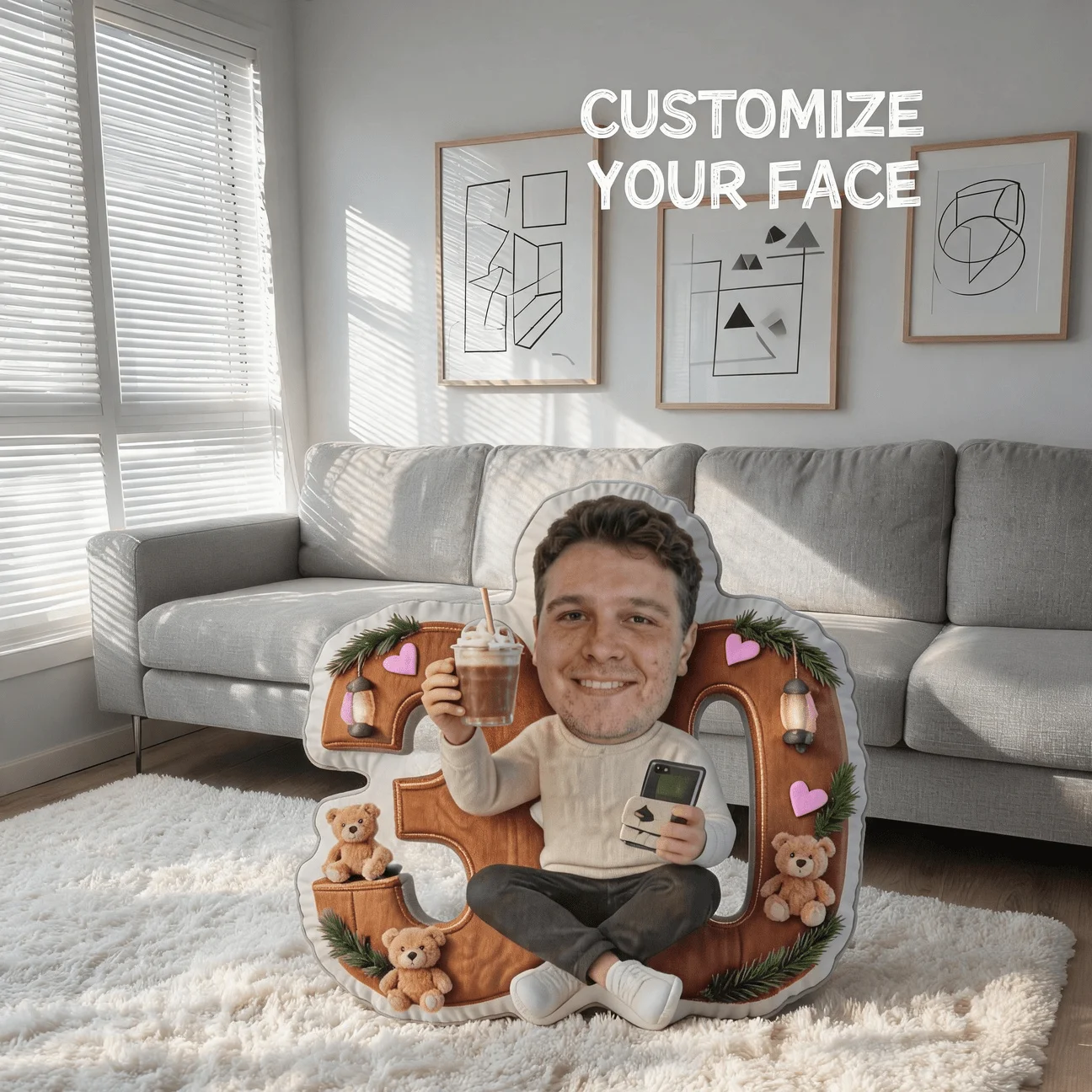 Custom Photo Shaped Pillow 30, Personalized Picture Man Holding Coffee Decorative Cushion, Unique Home Decor Accent for Sofa & B