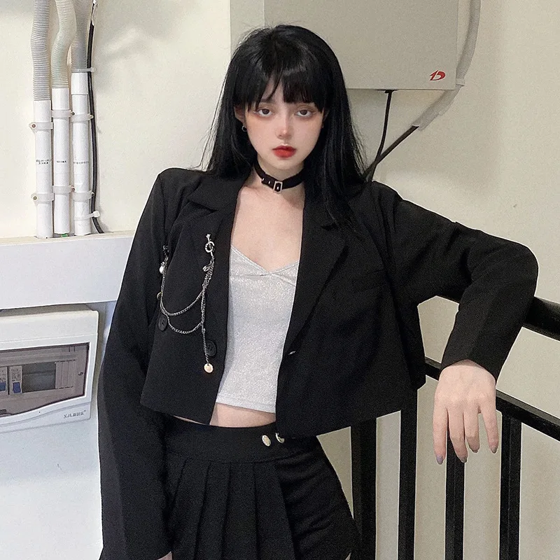 2023 Woman Punk Chain Black Short Jacket Fashion New Casual Pants Skirt Two-piece Set Spring Fall Solid Jackets Outerwear