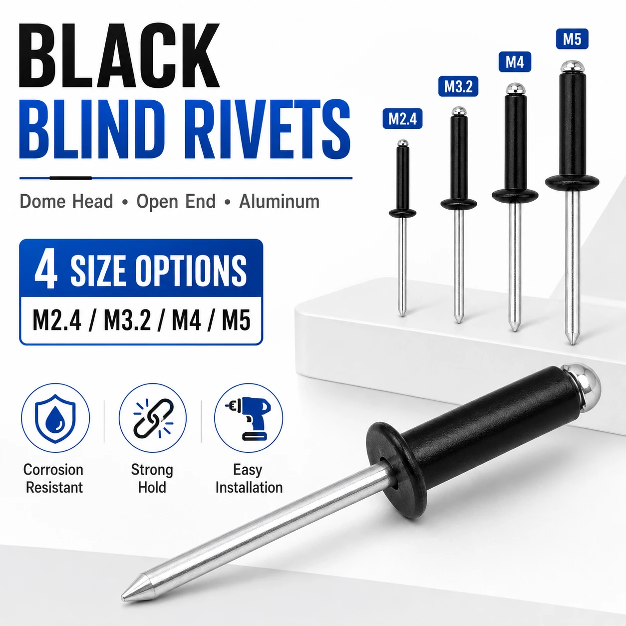 50-100Pcs M2.4 M3.2 M4 M5 Black Pops Rivets, Aluminum Dome Head Blind Rivets Break Mandrel for Auto Repair & DIY