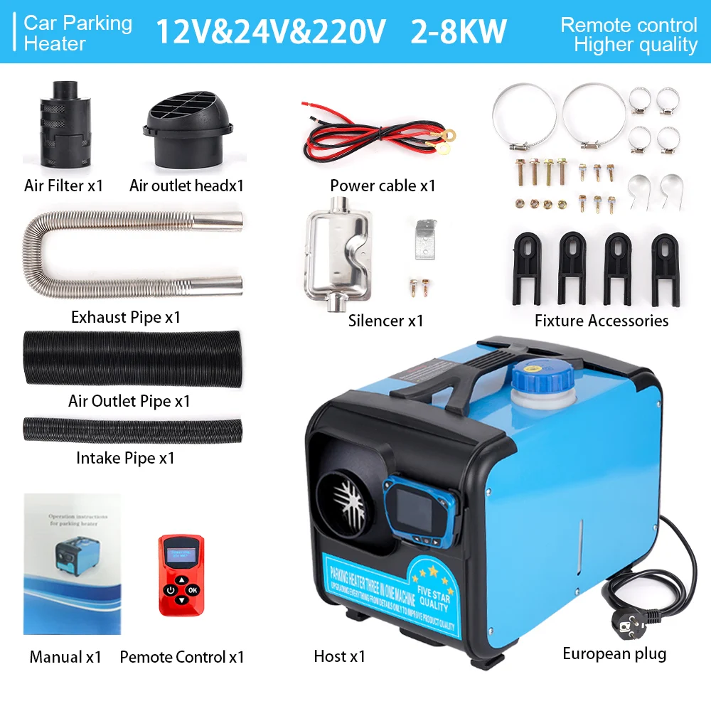 2/8KW Car Heater Diesel Air Heater 12V/24V With Silencer Remote Control Truck Boat Bus RV Trailer Air Diesel Parking Heater