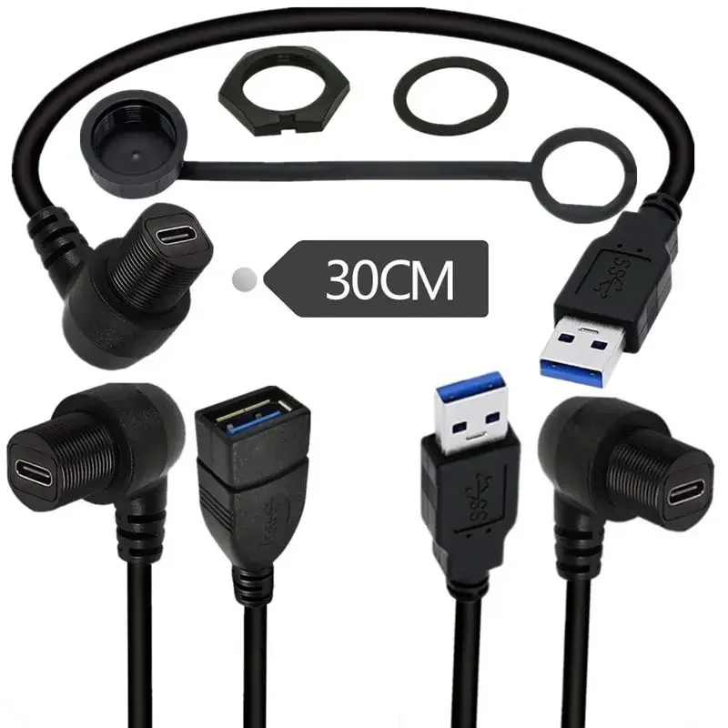 USB3.0 A Male A Female To 90 ° Elbow Type-C3.1 Female Car Yacht Motorcycle Dashboard Panel Embedded Waterproof Cable 0.3M