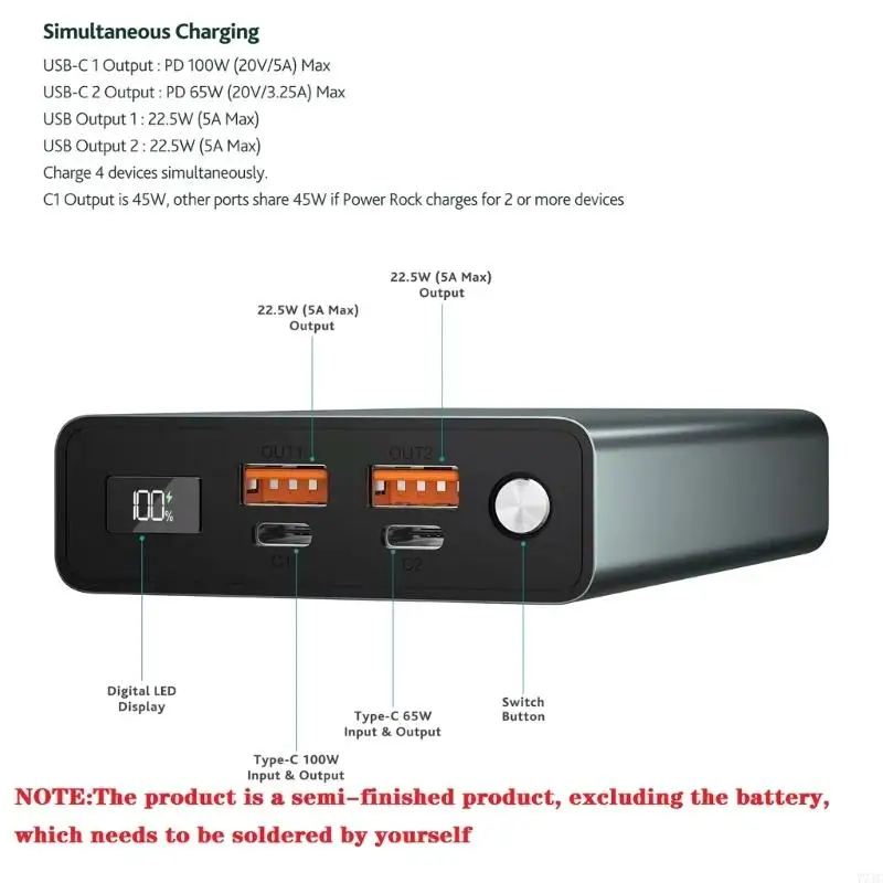 77JC 21700 Battery Holder with LED Display Double Type-C & USB Output 100W Charging Box
