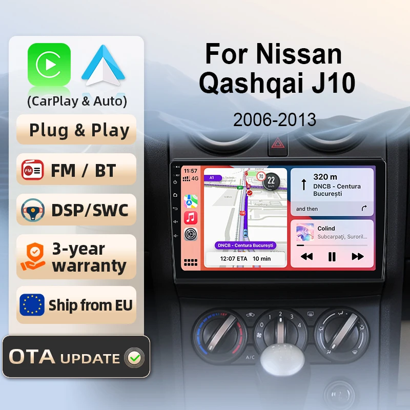 Autoradio pour Nissan Qashqai J10 2006-2013 avec CarPlay sans fil et Android Auto, amplificateur de subwoofer, systèmes intelligents, écran tactile IPS/QLED, caméra, DSP, GPS, navigation, WiFi, DAB+, FM, BT, SWC, Plug & Play, 2DIN, WiFi 4G, lecteur multimédia.