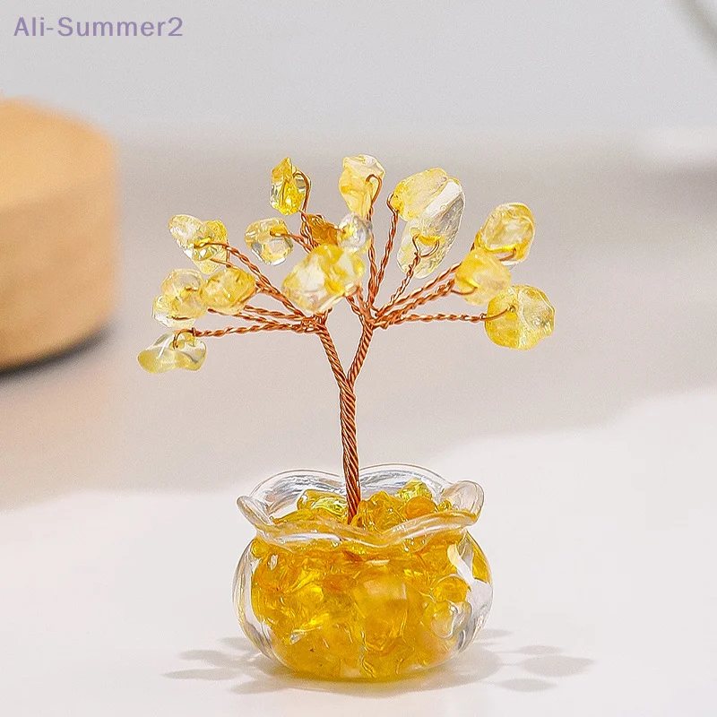 {Summer2} شجرة المال الكريستالية الصفراء الطبيعية شجرة كريستال صغيرة فنغ شوي زخرفة مع العقيق الأحمر مكتب عمل الديكور هدية