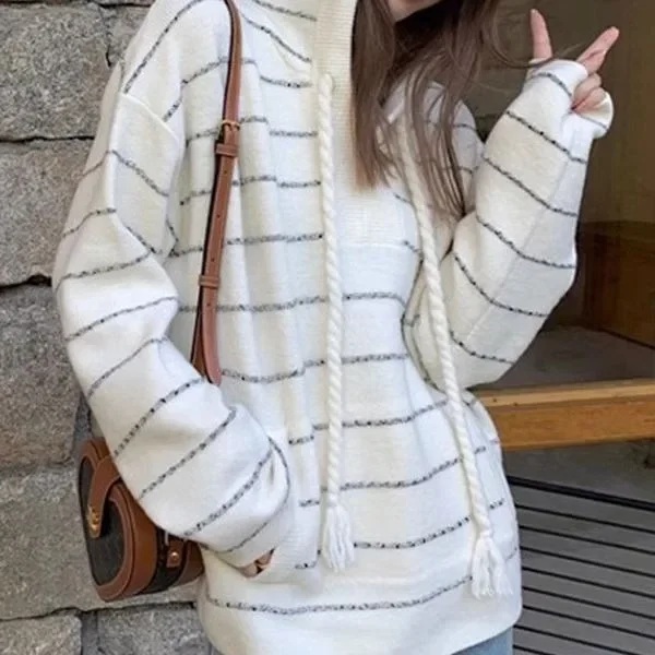 

2024 Autumn New Warm Korean Loose Casual Striped Knitted Hooded Sweater