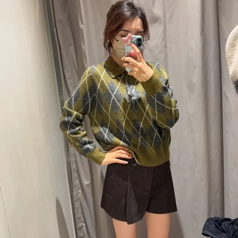 Tidalyf 2025 المرأة الماس متماسكة سترة بولو رفض طوق اثنين زر لينة عادية أنيقة الخريف الشتاء