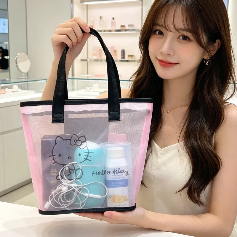 

Portable Cosmetic Bag Mesh Bags for Woman Hellokittyins Wash Bag Girl Packet Lace Bucket Bag Fresh Sweet Kawaii Cartoon