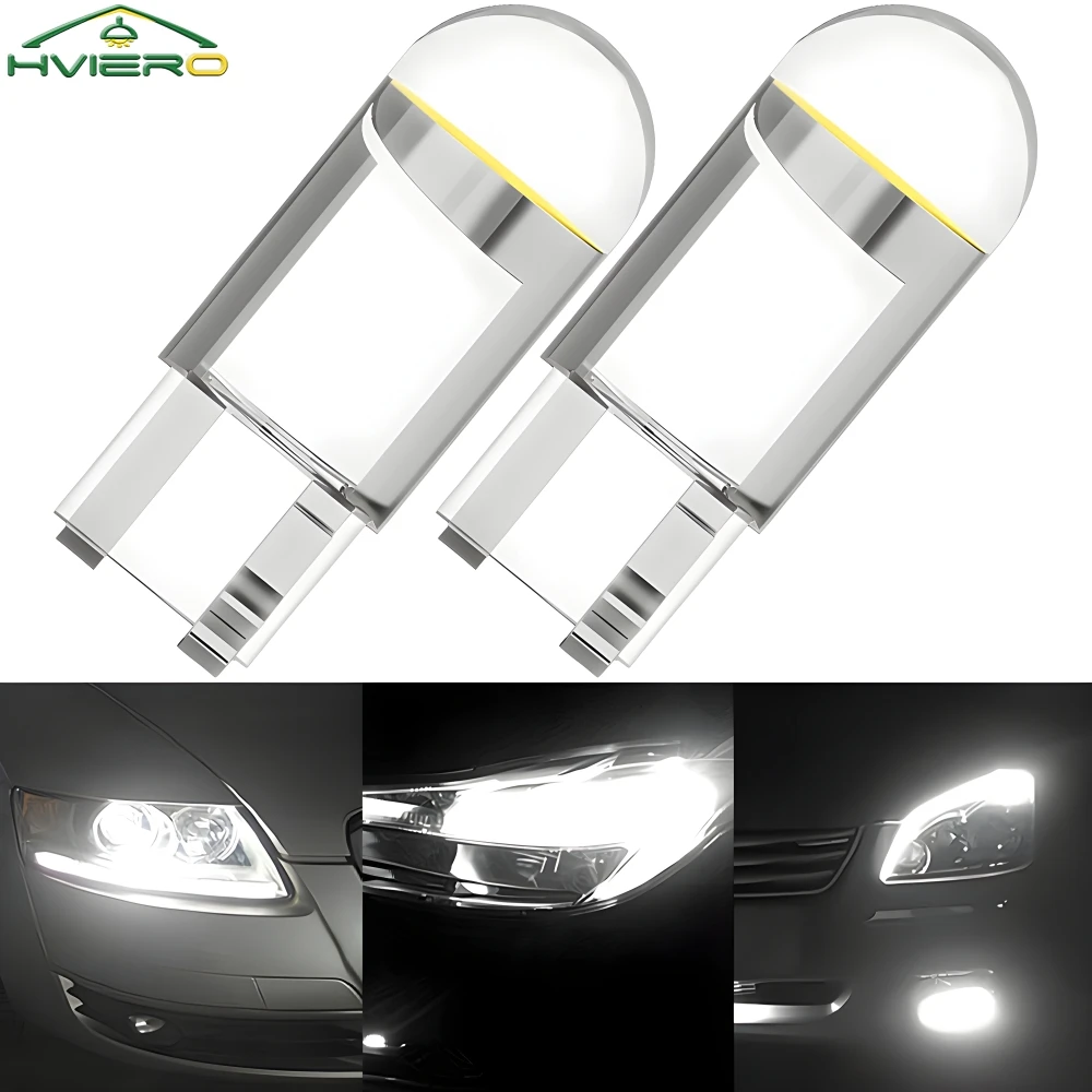 2PCS W5W 194 T10 Glass Housing Cob LED Home Bulb 6000K Wedge License Plate Lamp Dome Light White Diedo Auto Interior Read 12V DC