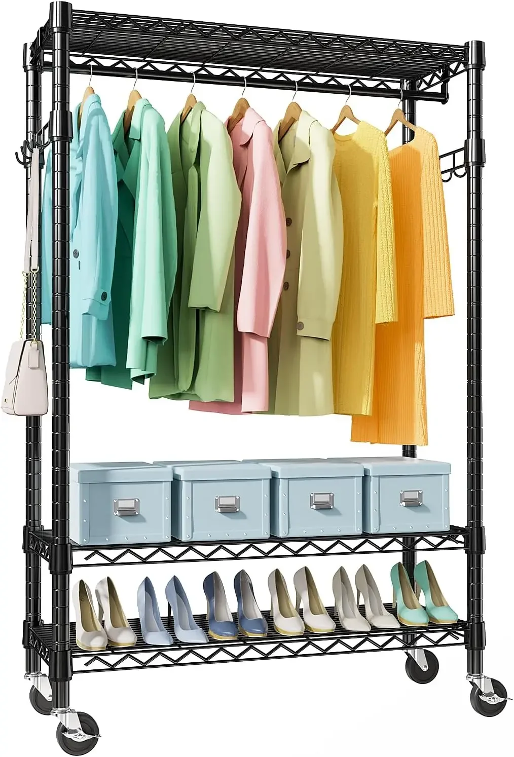 

Heavy Duty Rolling Garment Rack 3 Tiers Adjustable Wire Shelving Clothes Rack with Rods and Side Hooks