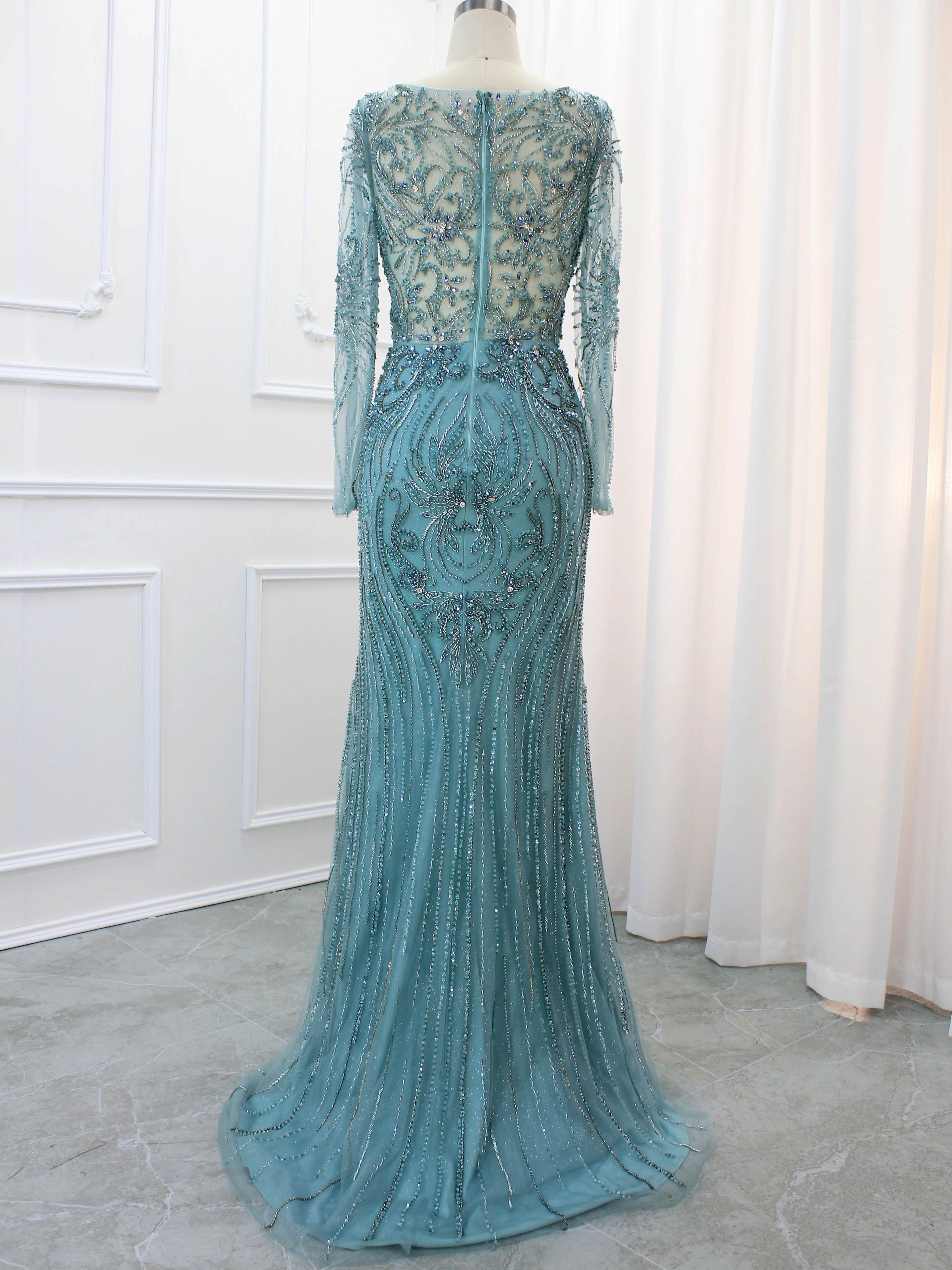 Hot Sale Dubai Turquoise V-Neck Evening Dresses Luxury Beaded Sleeves&Mermaid Formal Gowns 2024 For Women Party With Best Price