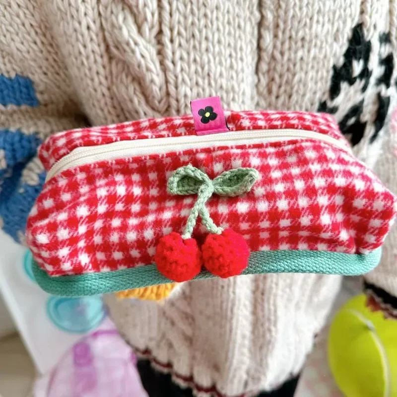 1 Piece Creative Design Fruit Pencil Case Cute Red Color Cherry Plaid Stationery Storage Bag Large Capacity Kawaii Pencil Case