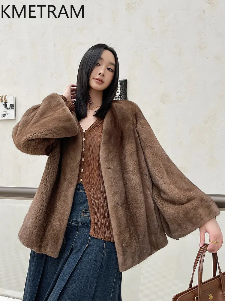 

KMETRAM Natural Mink Fur Coats Women V-Neck Loose Flared Sleeve Winter Outerwear Fluffy Real Fur Coat Woman Clothes 2026 casaco