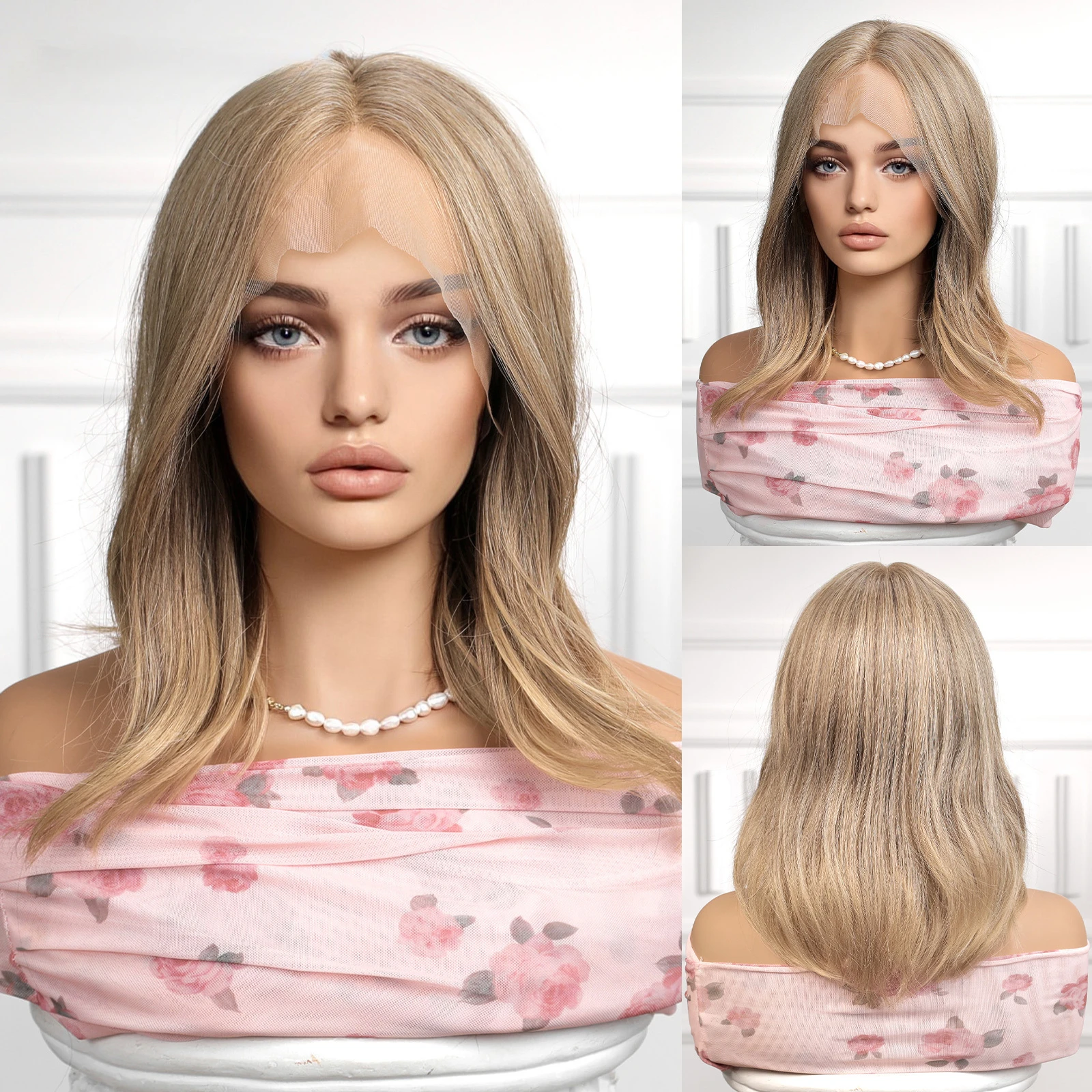 

Middle Part Lace Front Synthetic Hair Water Wavy Ombre Dark Root to Blonde Party Natural Wigs