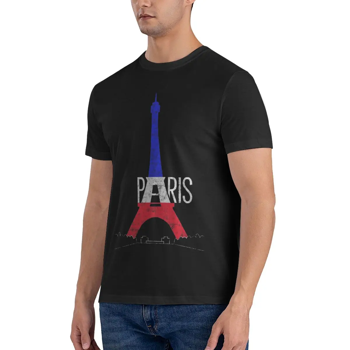 Paris Eiffel Tower France National Flag Souvenir Cotton Trend Round Neck Casual Sports Short Sleeve Men's T-shirt