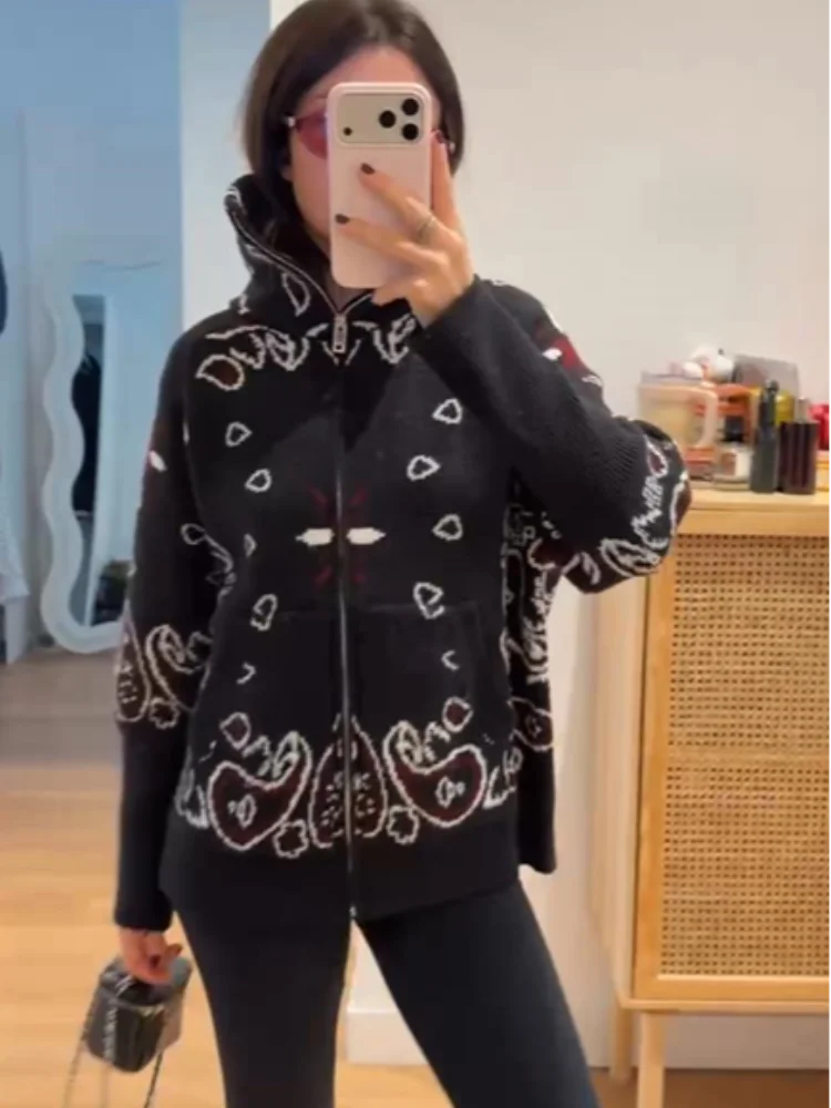 Knitted Jacquard Women's Cardigan Stand Collar Zippers Full Sleeve Loose Female Sweater 2026 Autumn Female Streetwear New