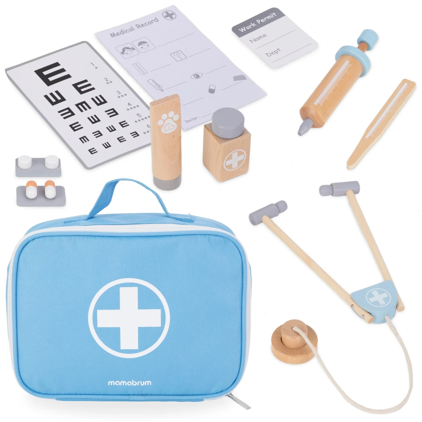 Mamabrum Houten Doktersset met Dokterszakje, Montessori Educatief Speelgoed voor Kinderen, Rollenspel 3+, Leer Empathie, Stethoscoop, Thermometer, Recepten, Medische Accessoires