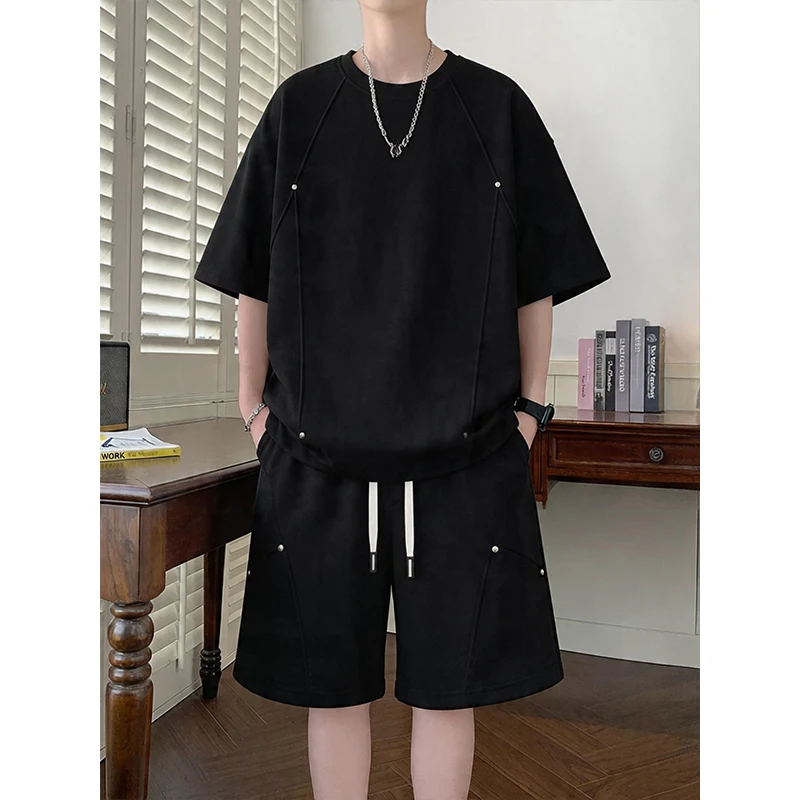

2026 American Heavy-duty Short-sleeved T-shirt Shorts Men's Summer Design Rivets Large Size Thin Front Shoulder Half-sleeve Set