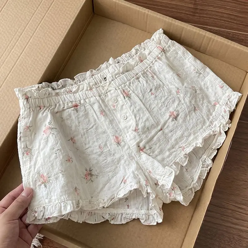 Kimutomo Shorts Women Sweet Ruffles Patchwork Floral Printed Button Vintage Y2k Aesthetic Harajuku Female Casual Shorts